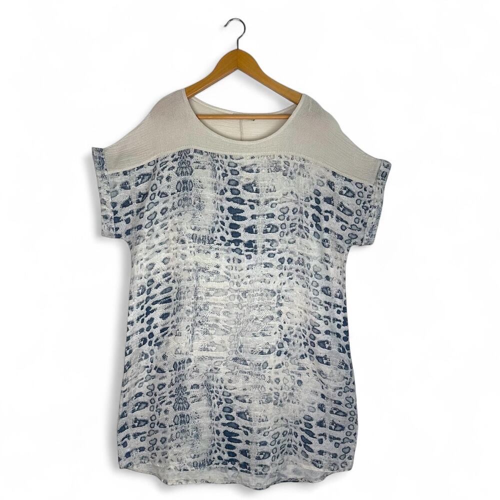 Lungo L'Arno Boxy Linen Dress Size 1X Blue Gray Animal Print Mesh Plus Size